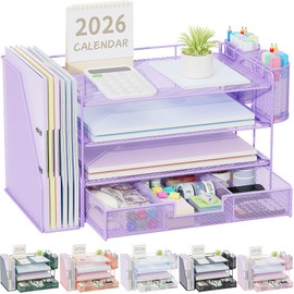 gianotter Desk Organizers and Accessories with File Holder, 4-Tier Desk Accessories & Workspace Organizers with Drawer and 2 Pen Holder, Paper Organizer for Office Supplies (Purple)