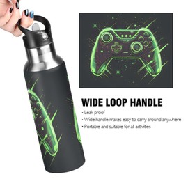 Joystick Gamepad Green Water Bottle with Straw Lid Kids Insulated Stainless Steel Water Flask Sports, 20 Oz Hot Cold