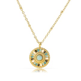 Made by Nami Women's Gold Necklace with Mandala Pendant and Gemstones in Colourful or Green Surgical Stainless Steel 40 + 5 cm Boho Jewellery Women's Waterproof and Hypoallergenic, Stainless Steel