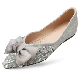 DUWEIDU Silver Flats for Women Rhinestones Bow Wedding Flats Slip on Flats for Women Comfortable Dress Shoe Size 10