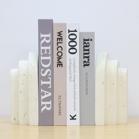 Iemegumi Decorative Book Ends for Shelves - Boho Aesthetic Bookends Decor - Heavy Duty Travertine Book Stopper Holder for Home Office Desk Coffee Table, Gifts for Book Lovers (Light Yellow)