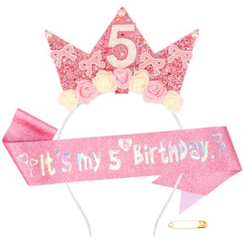 Atoden 5 Year Old Birthday Headband and Sash Happy 5th Birthday Decorations for Girl Glitter Flower Princess Crown Tiara with Pink Bow Party Costume Outfit Gifts
