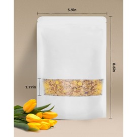 Larzack 50pcs Kraft Bags with Window 5.9x8.6 Inches White Reusable Sealable Zip Lock Food Storage Stand up Paper Pouches for Home or Business