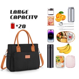 Lunch Bag for Women, Insulated Lunch Box for Work, Large Leakproof Cooler Purse with Side Pockets & Removable Shoulder Strap Women's Lunch Tote Bag for Picnic Work Beach Cute Lunch Bags (Black)