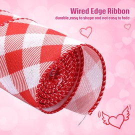 2 Rolls Valentine's Day Wired Ribbons 2.5 Inch Wide Valentine's Day Plaid Ribbons Rolls Red Pink White Diagonal Buffalo Plaid Ribbons for DIY Valentine's Day Decor Wrapping Crafts(10 Yards)