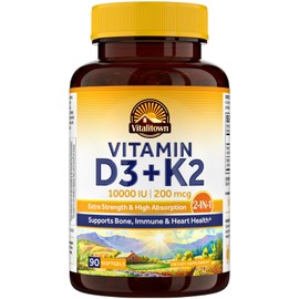 Vitalitown Vitamin D3 K2 Supplement, Vitamin D3 10000 IU Vitamin K2 (MK7) 200 mcg, 90 Softgels, Non-GMO, No Gluten & Soy, for Bone, Teeth, Immune & Heart Health