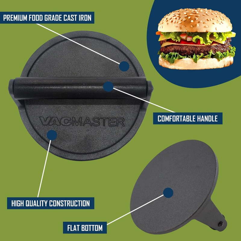 Vacmaster Cast Iron Burger Press Smasher, 6.25 Inch Diameter, Commercial