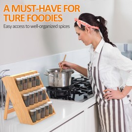 FoverOne Bamboo Spice Rack Organizer for Kitchen Counter, 3 Tier Foldable Spice Shelf for Cabinet or Drawer (Jars Not Included)