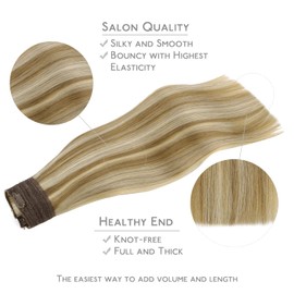 WENNALIFE Secret Hair Extensions Real Hair, 35 cm, 14 Inches 75 g Ash Brown Highlights Golden Blonde Remy Hair Extensions Real Hair Wire Hair Extensions Invisible Wire Extensions