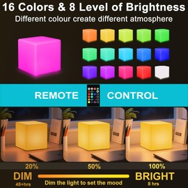 6-in LED Cube Night Light, Rechargeable LED Light Cube w/Remote, Dimmable 16 RGB Color Changing 4 Modes Light Up Cubes for Kid/Adult, Waterproof Tesseract Cosmic Cubes for Bedroom Sensory Room Nursery