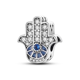 Evil Eye Hamsa Hand Charm with CZ Stones, 925 Sterling Silver Pendant Necklace and Bracelet Charm