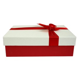 Emartbuy Rigid Gift Box, 29 x 21 x 9 cm, Textured Red Box with White Lid, Brown Interior and Red Satin Decorative Ribbon