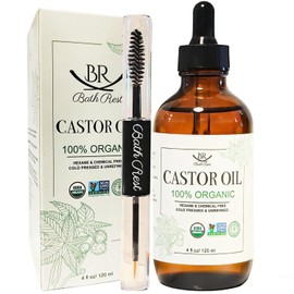 Bathrest Organic Castor Oil 100% Pure Natural Hair Oil for Hair Growth, Castor oil for Skin Lashes Nails Face Eyelash Eyebrows, Cold Pressed Hexane Free Unrefined USDA Certified 4OZ