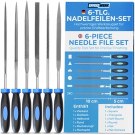 EffektWerk - 6-pc Needle File Set for Wood, Metal, Plastic & Jewellery - Small Round, Half-Round, Square, Triangle, Flat & Flat Pointed Files - Handy Tools for Fine Finishing w/Ergonomic Handles