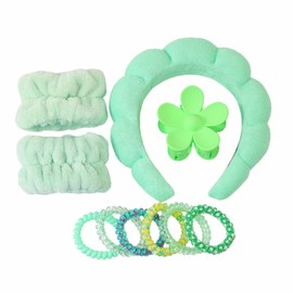 Spa Headband & Wristband Set Skincare Headband & Wrist Bands for Washing Face Makeup Hair Scrunchies Flower Hair Claw Clips Sponge Facial headband & wrist towels for Women (Green, One size)