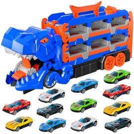 IHAHA Dinosaur Race Track Toys for Ages 3-4 4-6, 59-inches Transport Dinosaur Truck with 12 Die-cast Cars, Carrier Truck Toy Birthday Gifts Toys for 3 4 5 6 Year Old Boy