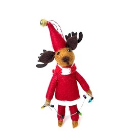 Handmade Wool Needle Felted Mr. Moose with Colorful Lights and a Jingle Bell on The hat | Christmas Tree Ornament