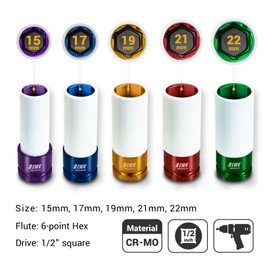 EWK 5 PCS 1/2 inch Drive 15 17 19 21 22 mm Lug Nut Impact Socket Set, Non-Marring Thin Wall Wheel Rim Protector Sockets with Colored Protective Covers, CR-MO, Mertic