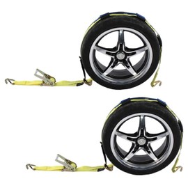 US Cargo Control Wheel Strap with Wire Hooks and Three Rubber Blocks, Yellow Car Tie Down Strap, Easy to Use Tire Tie Down for Car Hauling, 3,333 Pound Working Load Limit, 2 Pack