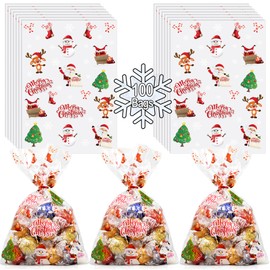 AnapoliZ Christmas Treat Bags | 100 pcs (6” x 9” Inch) | 2.5 Mil Crystal Clear Cellophane Bags with Merry Christmas Designs | Santa, Snowman Cello Bags | Christmas Party Decorations | Xmas Treat Bags