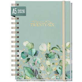 Häfft® International calendar 2026 A5 "Minty Leaves" with spiral binding in languages: EN/FR/IT/ES - personal organiser, timer, life planner - sustainable and climate friendly