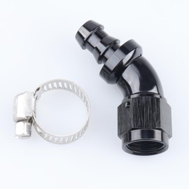 AC PERFORMANCE 45 Degree Aluminum -6 AN AN6 Swivel Female to barb 3/8" 9.52mm One Piece Push Lock Push On Barb Hose End Full Flow Fitting with American Type Clamp, Black
