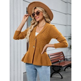 ZAFUL Peplum Sweaters for Women 2025 Button Down Cardigan Knit Long Sleeve Open Front Textured Crochet Shawl Lapel Sweater Camel