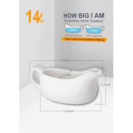 Nucookery Large 17 Oz Gravy Boat With Ergonomic Handle | White Fine Porcelain Saucier With Big Dripless Lip Spout For Gravy, Warming Sauces, Salad Dressings, MilK (17 Oz & Warming Stand)