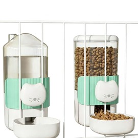Hanging Automatic Cat Feeder and Water Dispenser Set, Gravity Pet Food & Water Bowl for Wire Cage, No-Spill Pet Feeding Station for Small Dogs Rabbits (Green)