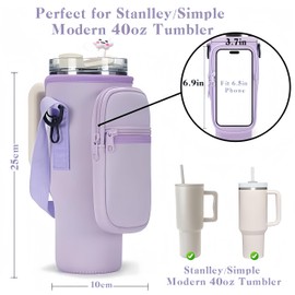 Alluring Bottle Holder with Bag for Stanlley Cup 40 oz, Insulated Neoprene Kettle Carry Bag with Adjustable Shoulder Strap and Front Zip, with 1 Reusable Straw Lid (Purple)