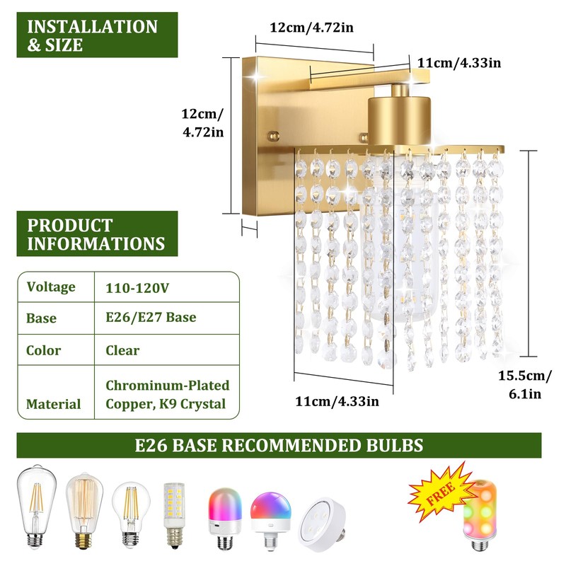 Shenmoyl Set of 2 Crystal Battery Operated Wall Sconce,Rechargeable Wall