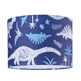 Modern and Fun Dinosaur Themed Navy Blue and White Cotton Children's Cotton Lamp Shade | 25cm Diameter | T-rex, Stegosaurus, Velociraptor and Diplodocus by Happy Homewares