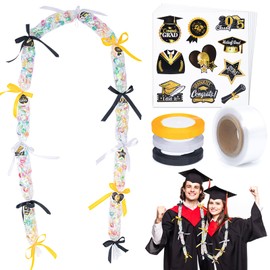 Graduation Candy Lei Making Kit-394 Ft Candy Leis for Graduation 2025 Graduation Leis Decor with 3 Rolls of Black/Gold/Silver Ribbons and 200 Graduation Stickers for Graduation Party Gift