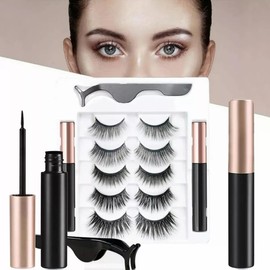 Pestañas Postizas Magneticas de 5 Pares, Kit de Pestañas Naturales 3D en Varios Estilos,con 2 Lápices Delineadores Magnéticos y Pinzas,Pestañas Postizas set Completo Reutilizables y Impermeable(Negro)