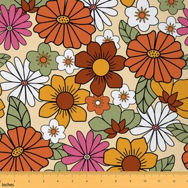 The Yard Retro Boho Floral Fabric: Groovy 60S 70S Upholstery Decorative Fabric Hippie Flower Power Botanical Garden Pattern, Indoor/Outdoor, Orange Green, 3 Yards