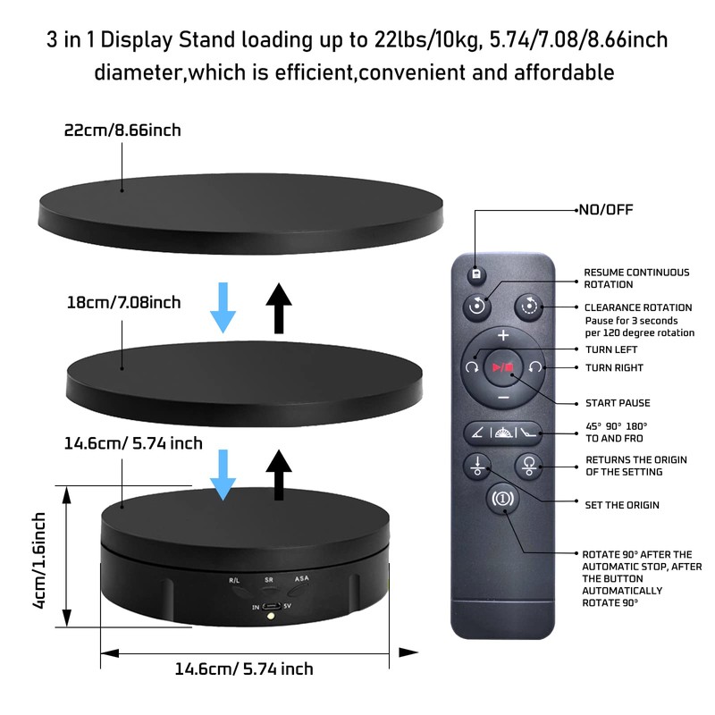 JAYEGT 3 in1 Motorized Rotating Display Stand with 5.74/7.08/8.66 inch