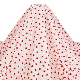 MAYJOYDIY 2 Yards×63inch Red Flocking Heart White Lace Mesh Fabric Lightweight Tulle Lovely Velvet Heart Lace Trim Fabric for DIY Wedding Tutu Valentine Decor Craft Accessories