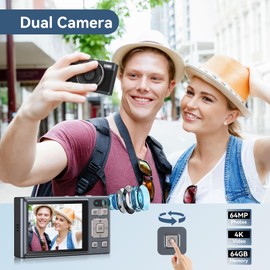 Digital Camera, 4K 64MP Autofocus UHD Dual Cameras with 64GB Micro SD Card 2.8'' IPS Sceen, 18X Digital Zoom Selfie Compact Point and Shoot Vlogging Camera for Teens Beginner Adult, Metal Grey