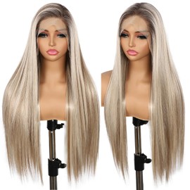 BABEHERS 13X6 Glueless Highlight Blonde Lace Front Wig with Dark Roots Synthetic Wig for Women Long Straight Pre-Plucked Ready to Wear 26 Inch Daily Party Use