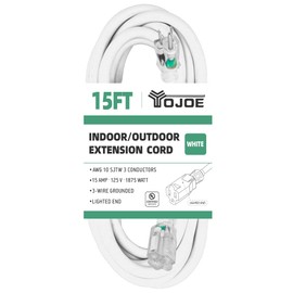 YOJOE 15 Foot 10/3 Lighted Outdoor Extension Cord - 10 Gauge 3 Prong SJTW Heavy Duty White Extension Cable with 3 Prong Grounded Plug for Safety,UL Listed