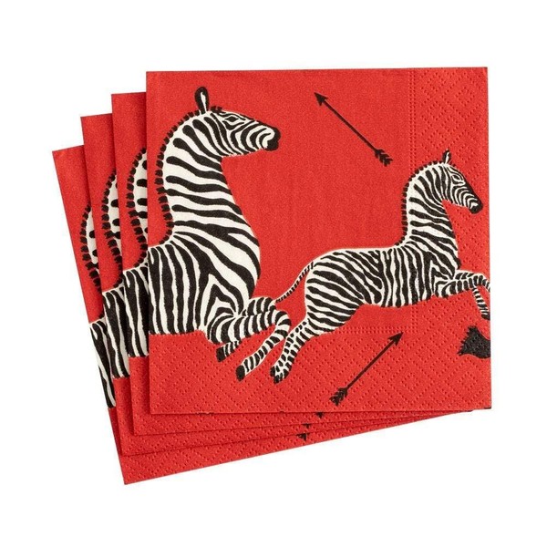 Caspari Zebras Paper Cocktail Napkins in Red - Four Packs of 20