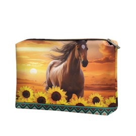 COEQINE Ladies Leather Cosmetic Purse Women Travel Make Up Bag Organizer Bag for Women Trend Party, western sunset horse