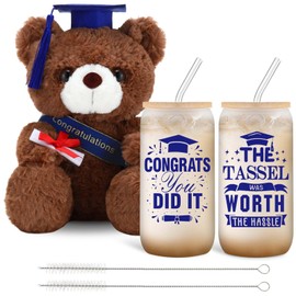 Yetene 3 Pcs 2025 College Graduation Gifts for Her Congrats Grad Include Glass Cups and Stuffed Bear, Can Cups with Lids and Straws for College University Class of 2025 Party New Job(Blue)