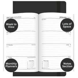 2026 A5 Diary Week To View - Black Soft Faux Leather Cover Elastic Closure - 2026 Year Planner Business Work Study Travel Organiser