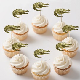 20 Pcs Glitter Alligator Cupcake Toppers Jungle Animal Party Decorations Kids Birthday Supplies with Sparkle Paper Craft