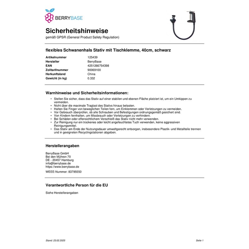 BerryBase Flexible Gooseneck Tripod with Table Clamp 40 cm Black