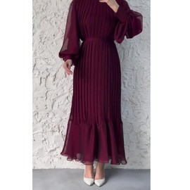 Sexyshine Women's Mock Neck Long Sleeve Full Pleated Chiffon Maxi Dress High Waist Belted Ruffle A Line Cocktail Party Long Dress(27061WR,XL) Wine Red