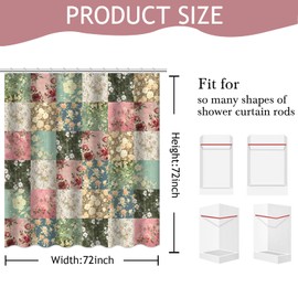 Mocsicka Boho Shower Curtain Pink Floral Patchwork Shower Curtain with 12 Hooks Mid-Century Flowers Vintage Retro Shower Curtain for Boho Bath Decor, Waterproof Fabric 72 X 72 Inch