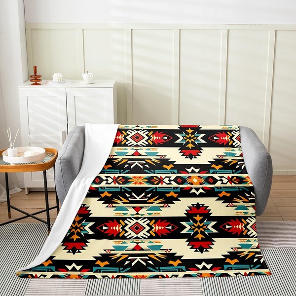 jejeloiu Black Southwestern Fuzzy Blanket Throw 50"x60" Geometric Flannel Fleece