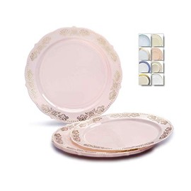 " OCCASIONS" 40 Plates Pack, Vintage Party, Disposable Wedding Party Plastic Plates (10.25'' Dinner Plate, Portofino in Light Pink & Gold)